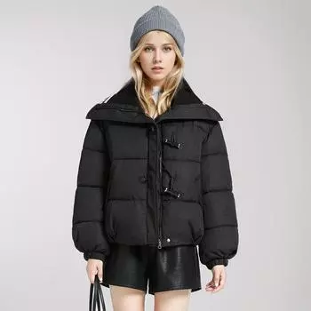 Лацкан маленький ароматный пуховик женская зимняя свободная утолщенная куртка короткое модное пальто S чёрный
