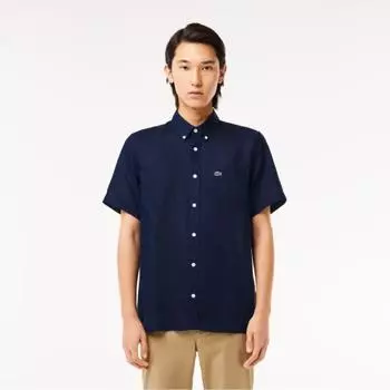 LACOSTE Мужская льняная рубашка с коротким рукавом [Темно-синий]
