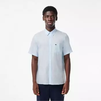 LACOSTE Мужская льняная рубашка с коротким рукавом [Небесно-голубой] 038