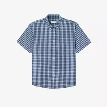 LACOSTE Мужская рубашка из поплина в клетку с коротким рукавом [Синий]
