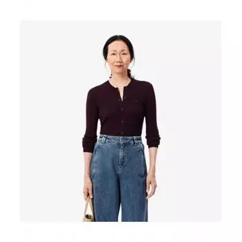 LacoSte Women S Slim Fit Ribbed Crewneck Cardigan [dark Brown] 036
