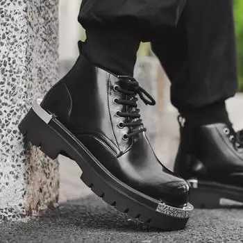 Lacquer leather men s boots Fashionable street design style Daily office leisure business party Casual Thick soled youth shoes 38 чёрный