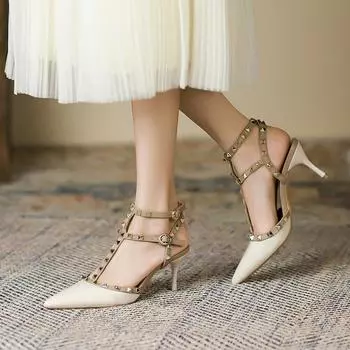 Туфли на высоком каблуке из лакированной кожи с заклепками, сексуальные босоножки с острым носком на высоком каблуке, босоножки на тонком каблуке для женщин 34