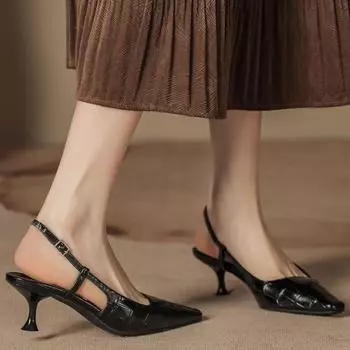 Lacquered Baotou Sandals Crocodile Leather Pattern Small Square Head Back Air Low Heel Cat Heel Summer Sheepskin Insole Single Shoes Women 34 чёрный