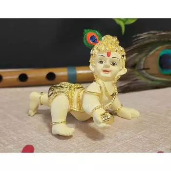 Laddu Gopal Gold Plated Off-White Idol | Bal Gopal | Little Krishna | Makhan Chor | Synthetic Resin (3x4)