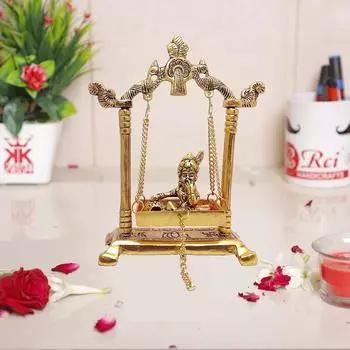 Laddu Gopal on Jhulla Palana Metal Statue Gold Plated Decor Your Home,Office Metal Krishna Murti,Showpiece Figurines,Religious Idol