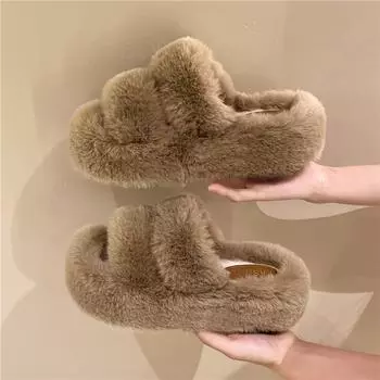 Ladies 5cm Heel Pure Colour Faux Fur Fashion Mules Soft Women Indoor Slippers Home Furry Slides Women Flip Flops Zapatos Mujer 35 чёрный