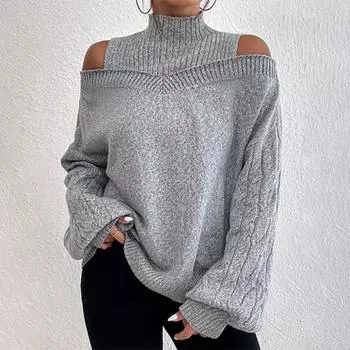Ladies And Winter Fashion Off Shoulder Turtleneck Warm Solid Color Long Sleeve Sweater L