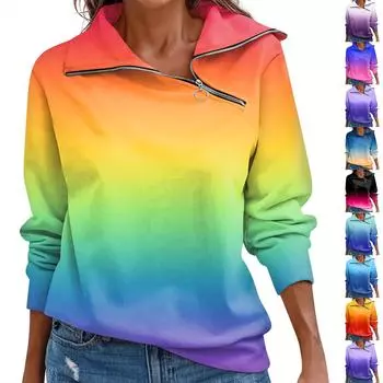 Женский осенне-зимний топ с застежкой-молнией, повседневный топ с длинными рукавами градиентного цвета XXXL