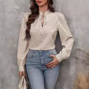 Ladies Autumn Winter Bandage Stand Collar Long Sleeve Striped Shirt Top S