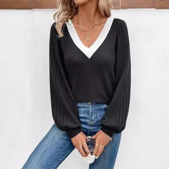Ladies Autumn Winter Long Sleeve V Neck Color Block Loose Pullover T Shirt Top S