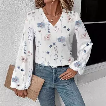 Ladies Autumn Winter Long Sleeve V Neck Flower Pullover Shirt Top S