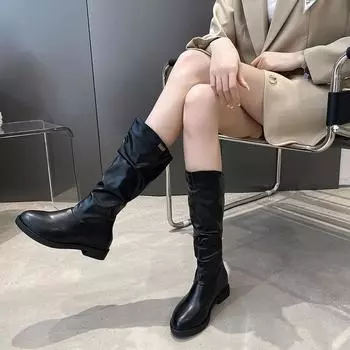 Ladies Boots Half High Footwear Round Toe Mid Calf Black Leather Shoes for Women Work New in Boot Trend 2024 Quality Demi-season 35