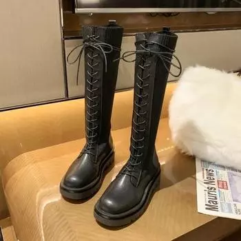 Ladies Boots Winter Knee High Shaft Shoes for Women Long White Footwear Elastic Platform Comfortable and Elegant New in Rock Hot 35 бежевый