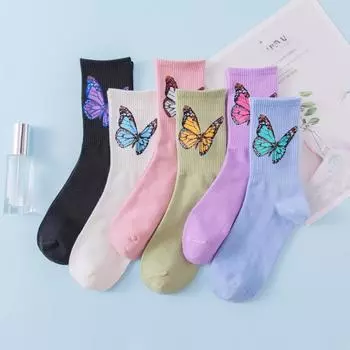 Ladies Butterfly Printed Socks - Soft, Comfortable, and Trendy Candy Colors Fashionable Street and Sports Socks, Suitable for All Seasons one size чёрный