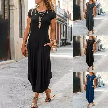 Женская повседневная длинная юбка с круглым вырезом, юбка со средней талией, однотонная длинная юбка с короткими рукавами, вечерняя юбка, женское летнее осеннее пляжное платье, сарафан L чёрный
