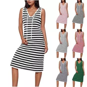 Ladies Casual Loose Drawstring Sexy Striped V-neck Contrasting Sleeveless Dress XXL