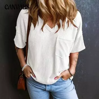 Женская повседневная свободная однотонная футболка с V-образным вырезом, летняя новая футболка с короткими рукавами из витой нити S белый