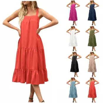 Женское повседневное сексуальное сплошное цветное свободное многослойное плиссированное пляжное платье на подтяжках S тёмно-синий