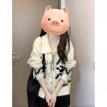 Ladies Cow Horn Buckle Cherry Pattern Sweaters Korean Woman Loose Lapel Sweater Coats Autumn Solid Color Lazy Style Female Knitted Cardigan Top S