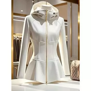 Ladies Elegant White Stand Up Collar Hooded Jacket - Stretchy Medium Weight Jacket, Flared Skirt, Gold Zipper Design, Durable Zipper Closure S