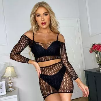 Ladies Erotic Fishnet Transparent Bodycon Dress Women Fashion Tight Lingerie Clothing Sexy Mesh Hollow See Through Short Skirt XS