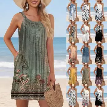 Ladies Fashion Beach Vest Casual Summer Pocket Straps Vintage Floral Print Dress XXL жёлтый