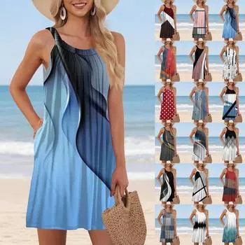 Ladies Fashion Beach Vest Casual Summer With Pocket Straps Polka Dot, Color Block Stitching Print Dress S циан
