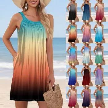 Ladies Fashion Beach Vest Casual Summer With Pocket Straps Gradient Print Dress M