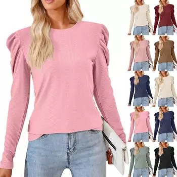 Женская мода повседневная однотонная футболка с круглым вырезом и длинным рукавом L бежевый