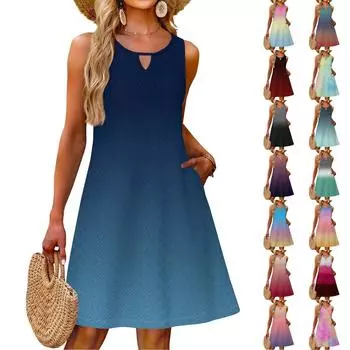 Ladies Fashion Casual Summer Gradient Print Dress With Pocket Beach Holiday Vest Dress XL фиолетовый