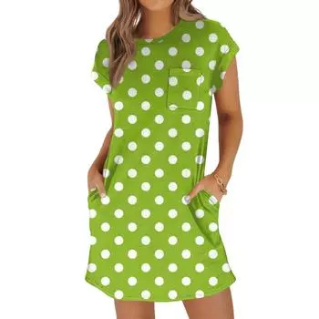 Ladies Fashion Casual Summer Polka Dot Print Short Sleeve Round Neck Loose Dress With Pockets L армия зеленый