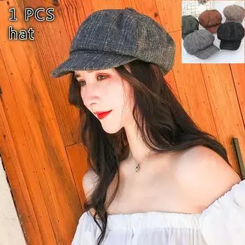 Женская модная ретро восьмиугольная шляпа, женская осенне-зимняя повседневная клетчатая берет с дикой тыквой, кепка чёрный