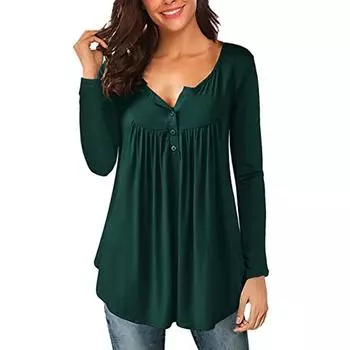 Ladies Fashion V-neck Button Pleated Long-sleeved Sleeves Two-wear Loose Top L