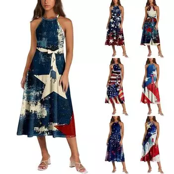 Ladies Fashionable Casual Dress With Printed Suspender Dress M красный