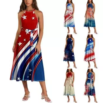 Ladies Fashionable Casual Dress With Printed Suspender Dress XL синий