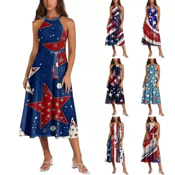 Ladies Fashionable Casual Dress With Printed Suspender Dress M тёмно-синий