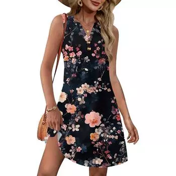 Ladies Fashionable Floral Patchwork Printed V-neck Button-down Pocket Vest Dress, Beach Vacation Summer Dress M розовый