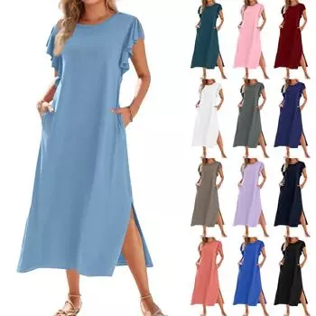 Ladies Fashionable Summer Casual Pleated Sleeves, Loose Solid Color Short Sleeves, Round Tie, Pocket Beach Dress L чёрный