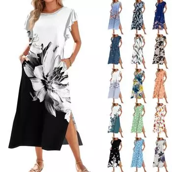 Ladies Fashionable Summer Casual Pleated Sleeves, Loose Retro Floral Print, Short Sleeves, Round Tie, Pocket Beach Dress L армия зеленый