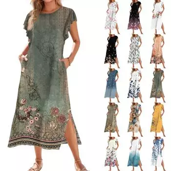 Ladies Fashionable Summer Casual Pleated Sleeves, Loose Retro Floral Print, Short Sleeves, Round Tie, Pocket Beach Dress L армия зеленый