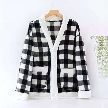 Ladies Fashionable V Neck Long Sleeved Cardigan Flannel Warm Sleepwear Jacket L чёрный