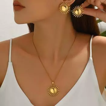 Ladies Flower Necklace Set, Personalized Metal Sunflower Design Pendant Chain Earrings Jewelry Women
