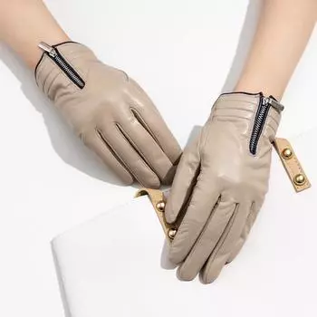 Ladies Genuine Leather Gloves In Beige Fashionable and Simple with A Zipper Design for Commuting. The Gloves Have A Metallic Punk Feel /average size