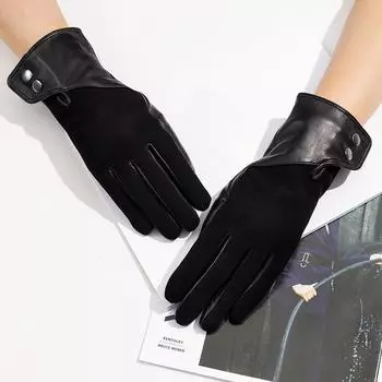 Ladies Genuine Leather Gloves Sheepskin and Cashmere Fashionable and Warm Full Finger and Two Finger Touch Screen Gloves for Skiing M Size