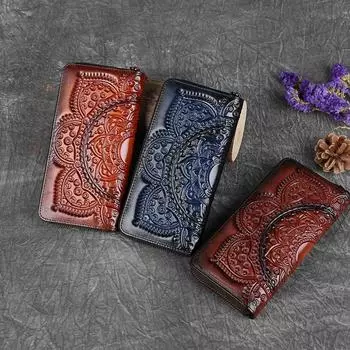 Ladies Genuine Leather Wallet Multi-functional Embossed-zipper Handle Baotou Layer Cowhide Bag Vintage Ethnic Style Leather Wallet синий