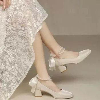 Ladies High Heels Elegant Bow Square Toe Black Fashion Women s Shoes for Women Pumps Thick Heel Wedding Party Pearl Lace Wedding 34 бежевый