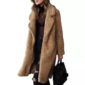 Ladies Jacket Women Long Teddy Bear Cardigan Coat Faux Fur Winter Warm Outwear Camel,2XL