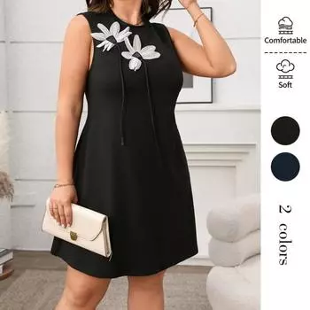 Ladies Knee-length Dress Spring Summer Round Neck Women s Solid Colour Sleeveless Dress Loose Elegant Dress XL-4XL XL чёрный