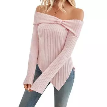Ladies, Long-sleeved, Striped, Comfortable, Casual Tops, One-shoulder, Slimming, Slit, T-shirt, Bow Tie Patchwork S